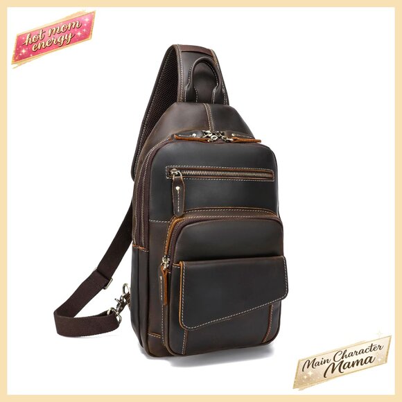 Full Grain Leather Crossbody Sling Bag Fits 12.9 iPad Travel Hiking